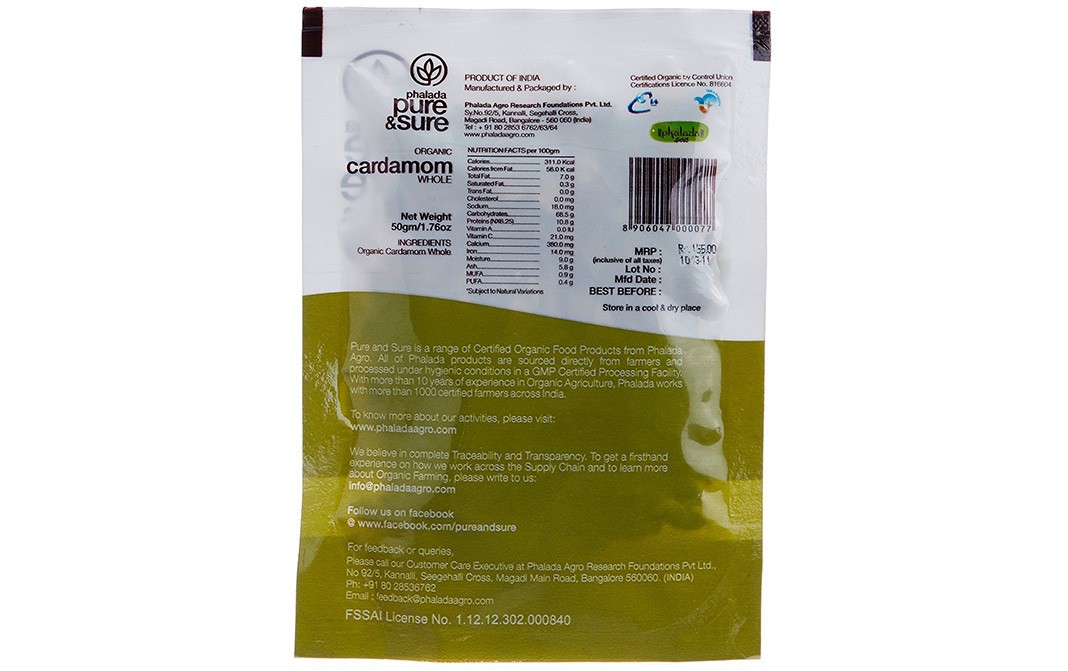 Pure & Sure Organic Cardamom whole    Pack  50 grams